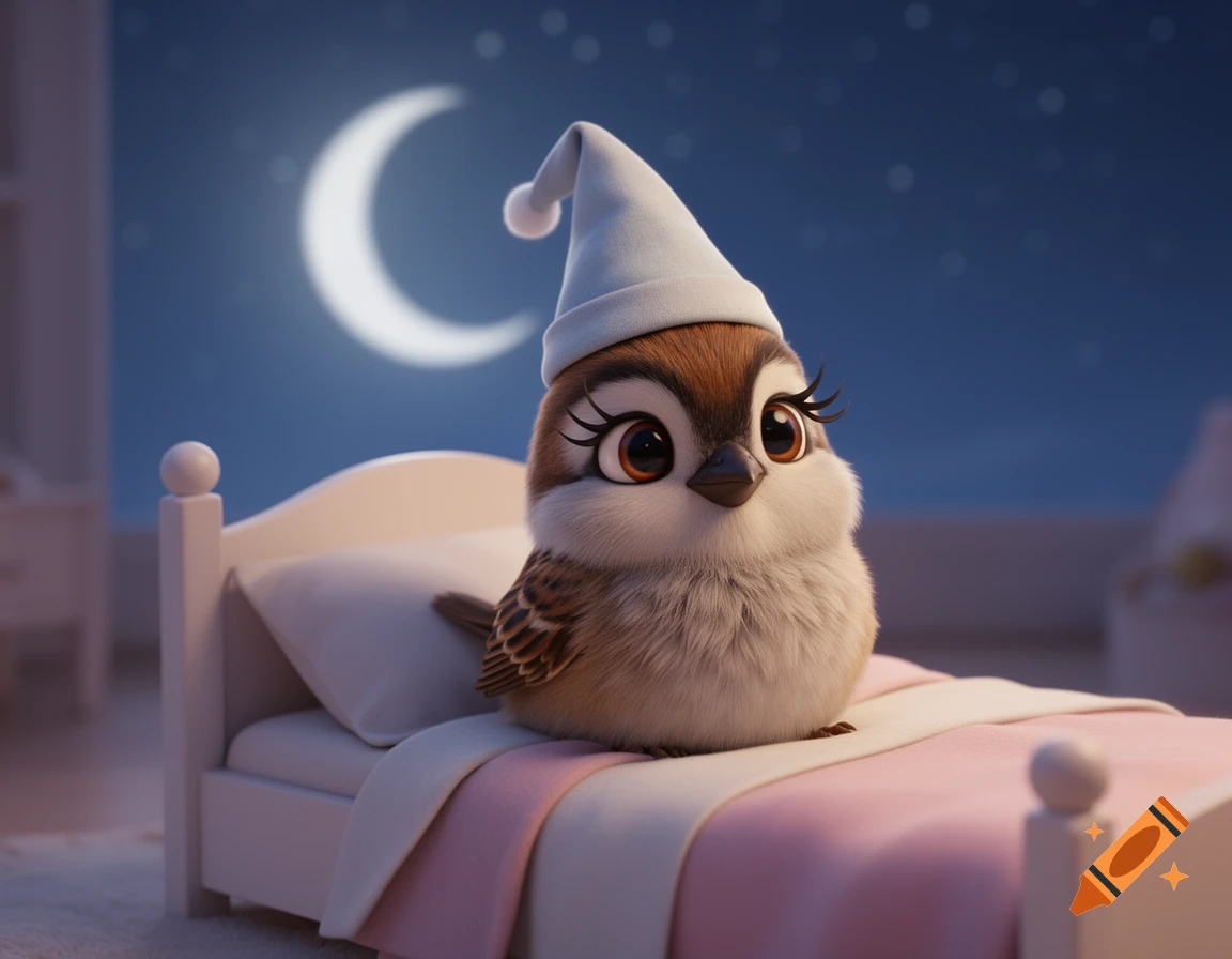 A cute, fluffy sparrow wearing a white sleep hat sits in a small bed with a pink blanket, a crescent moon visible outside.
