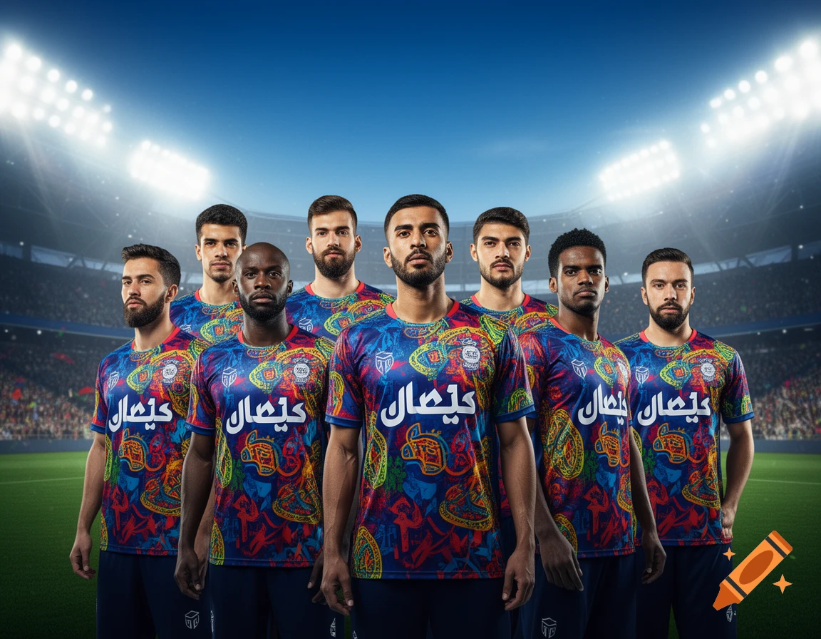 Seven male soccer players in colorful blue, red, and yellow patterned jerseys pose on a football field in a stadium.