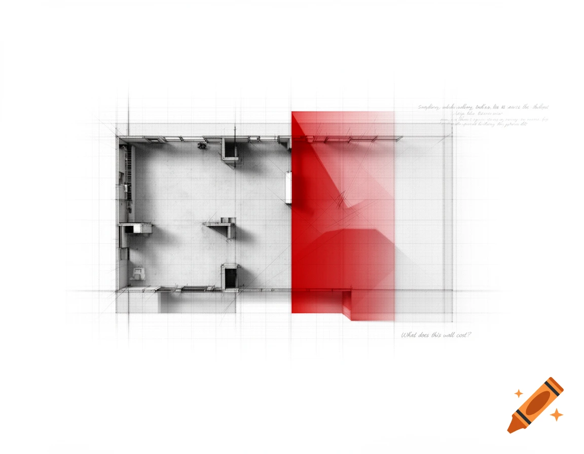 Abstract grayscale architectural floor plan with a red geometric overlay and subtle grid. The text 'What does this wall cost?' is at the bottom right.