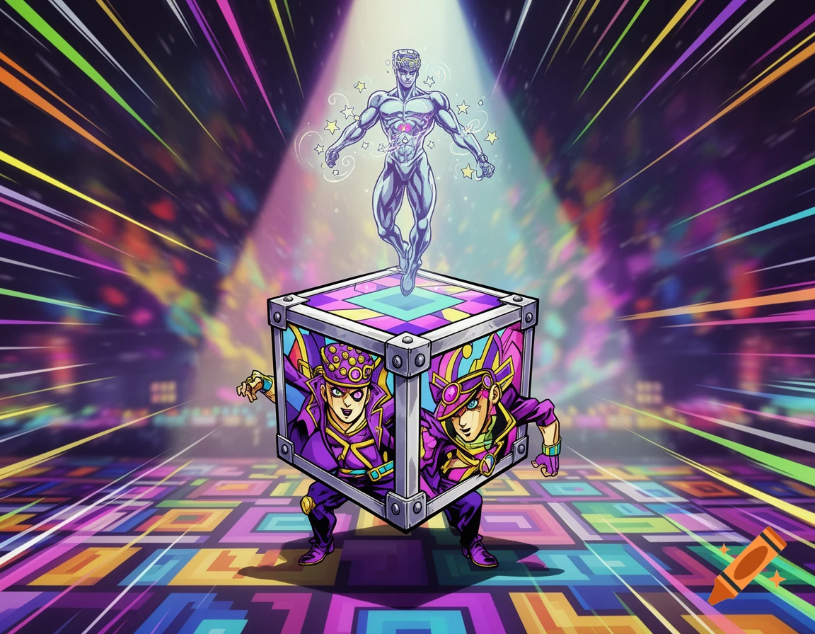 A muscular silver figure floats above a vibrant geometric cube with two cartoonish characters peeking out, set on a colorful dance floor with glowing lines.