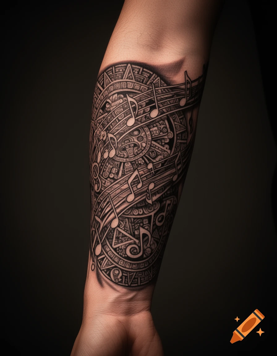 A detailed black and white tattoo on a forearm, featuring Aztec motifs intertwined with musical notes.