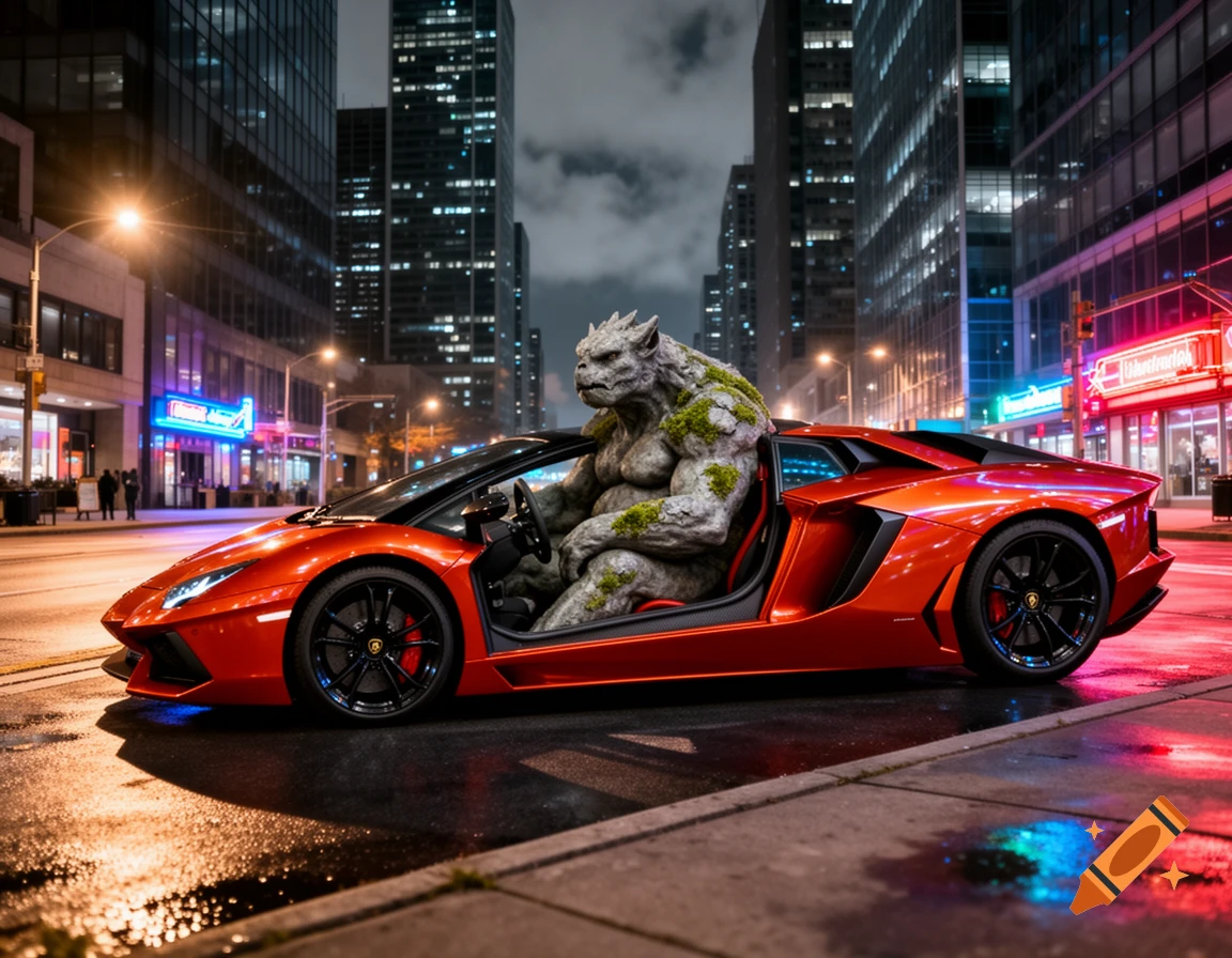 A large, mossy gargoyle-like creature drives a red Lamborghini sports car on a wet city street at night, with illuminated skyscrapers and neon signs in the background.