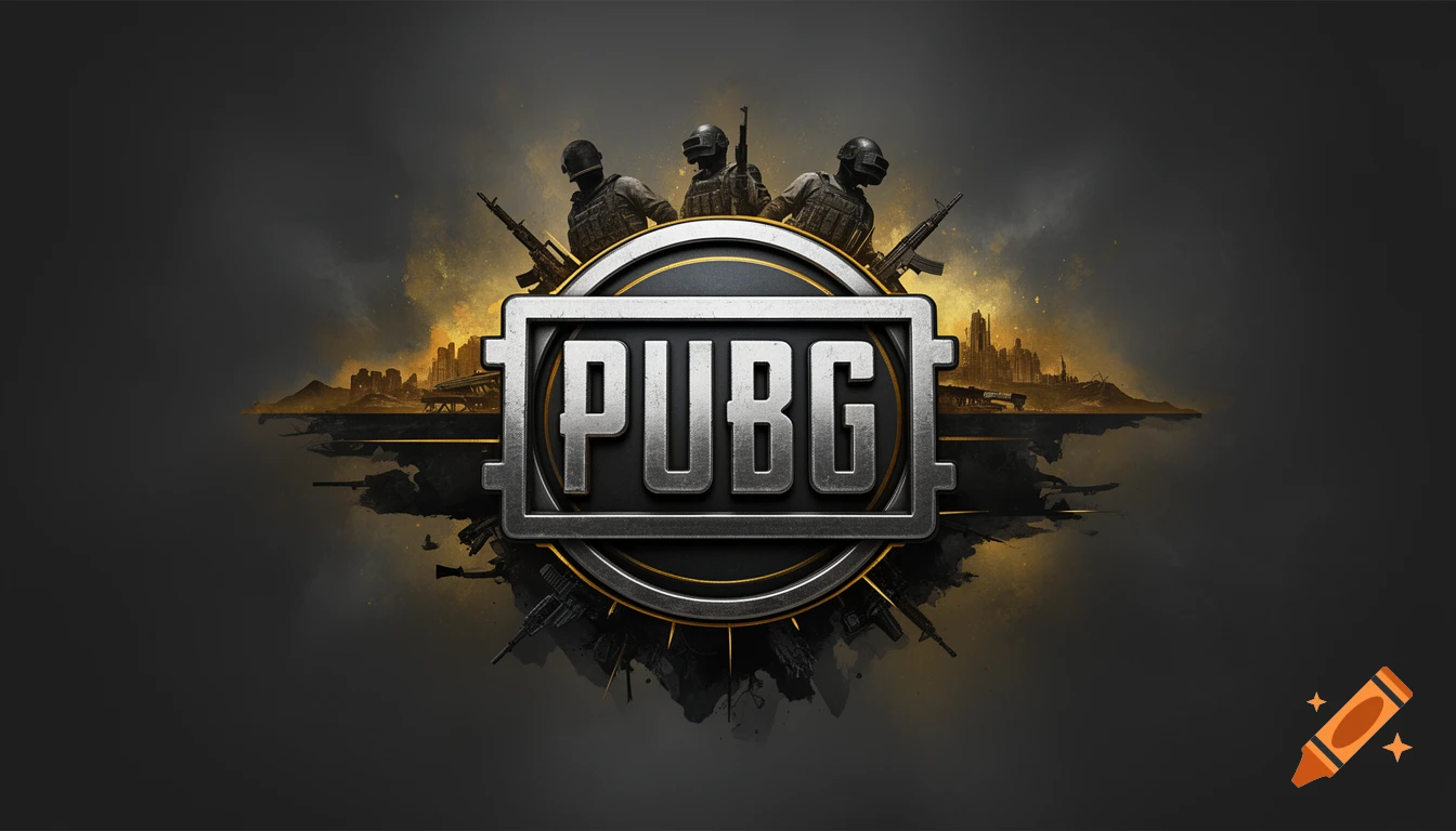 PUBG logo featuring three silhouetted soldiers with rifles, set against a dark, urban cityscape with gold accents.