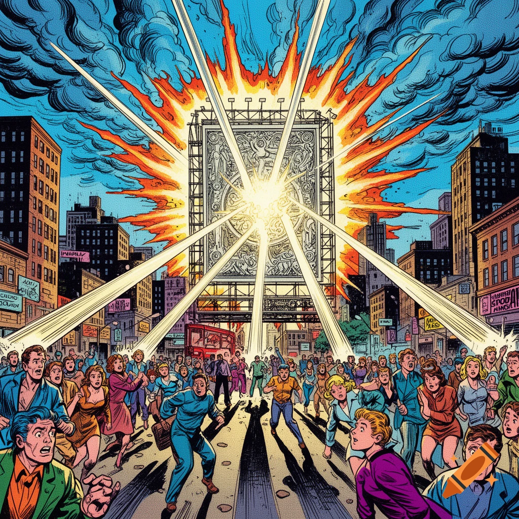 A comic book style illustration of a panicked crowd running from a giant billboard exploding with bright light in a city street.