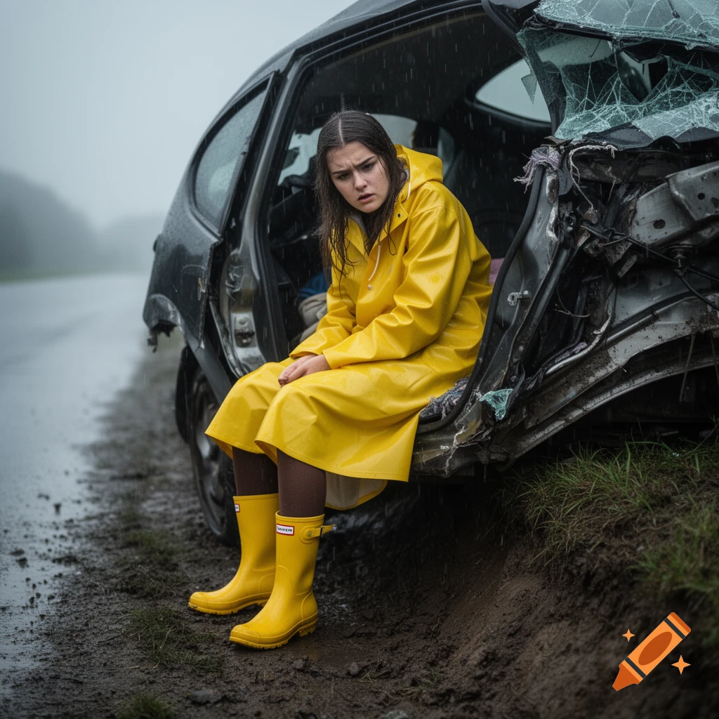 A distressed woman in a yellow raincoat and boots sits inside a severely crashed car on a muddy roadside in the rain.