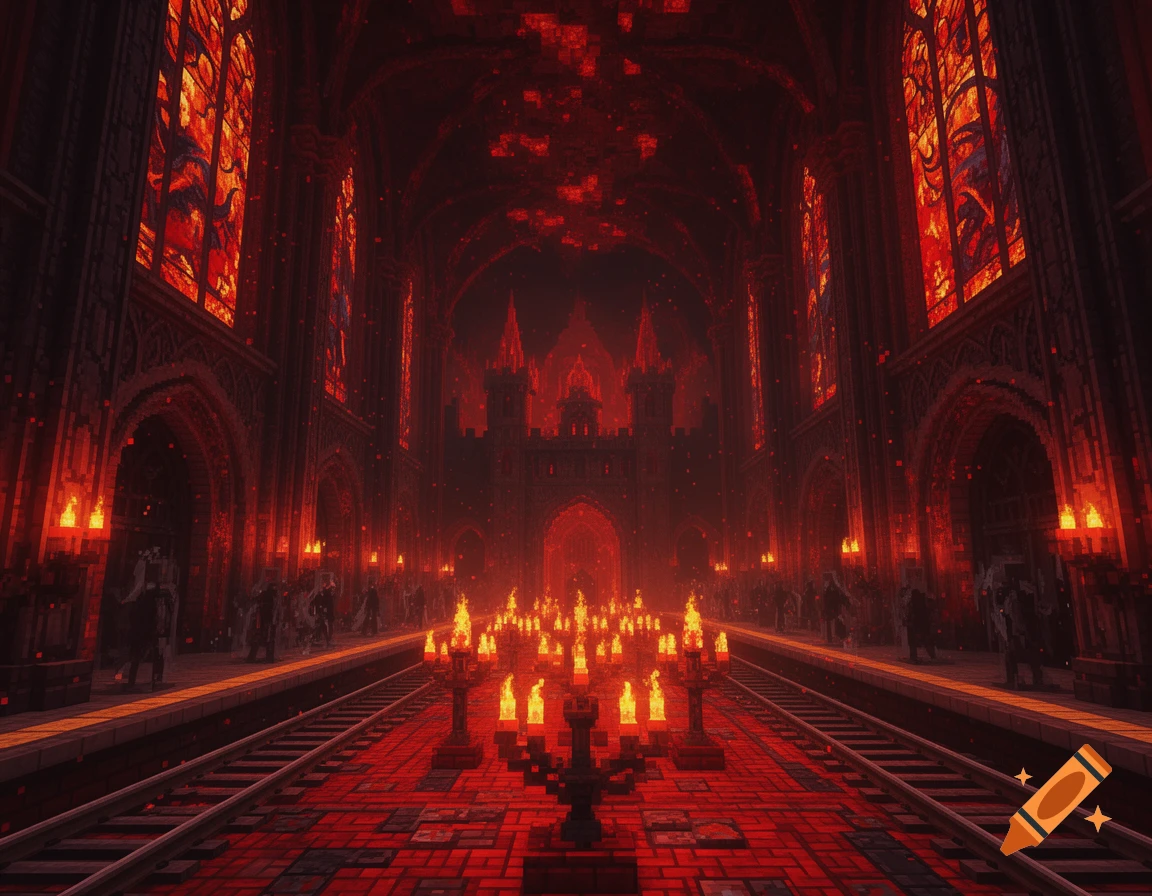 A pixelated, hellish gothic cathedral train station in the Minecraft Nether, bathed in red light, with tracks and candles.