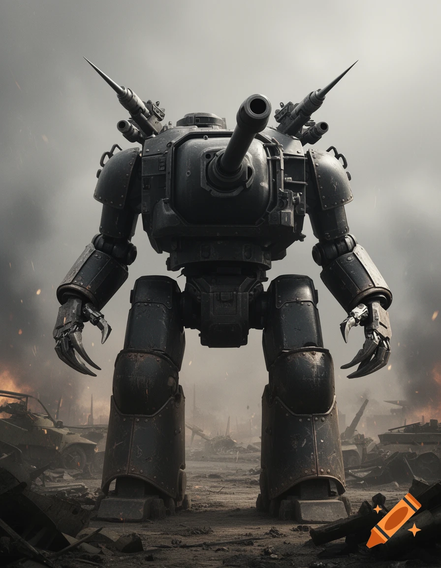 A dark, heavily armored war mech with a large tank cannon, shoulder-mounted harpoon guns, and claw hands stands in a smoky, war-torn landscape filled with debris and burning wreckage.