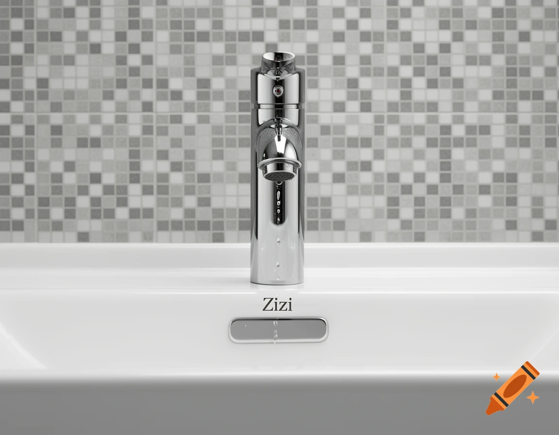 Photorealistic image of a shiny chrome faucet with water droplets over a white Zizi brand sink and gray mosaic tile background.