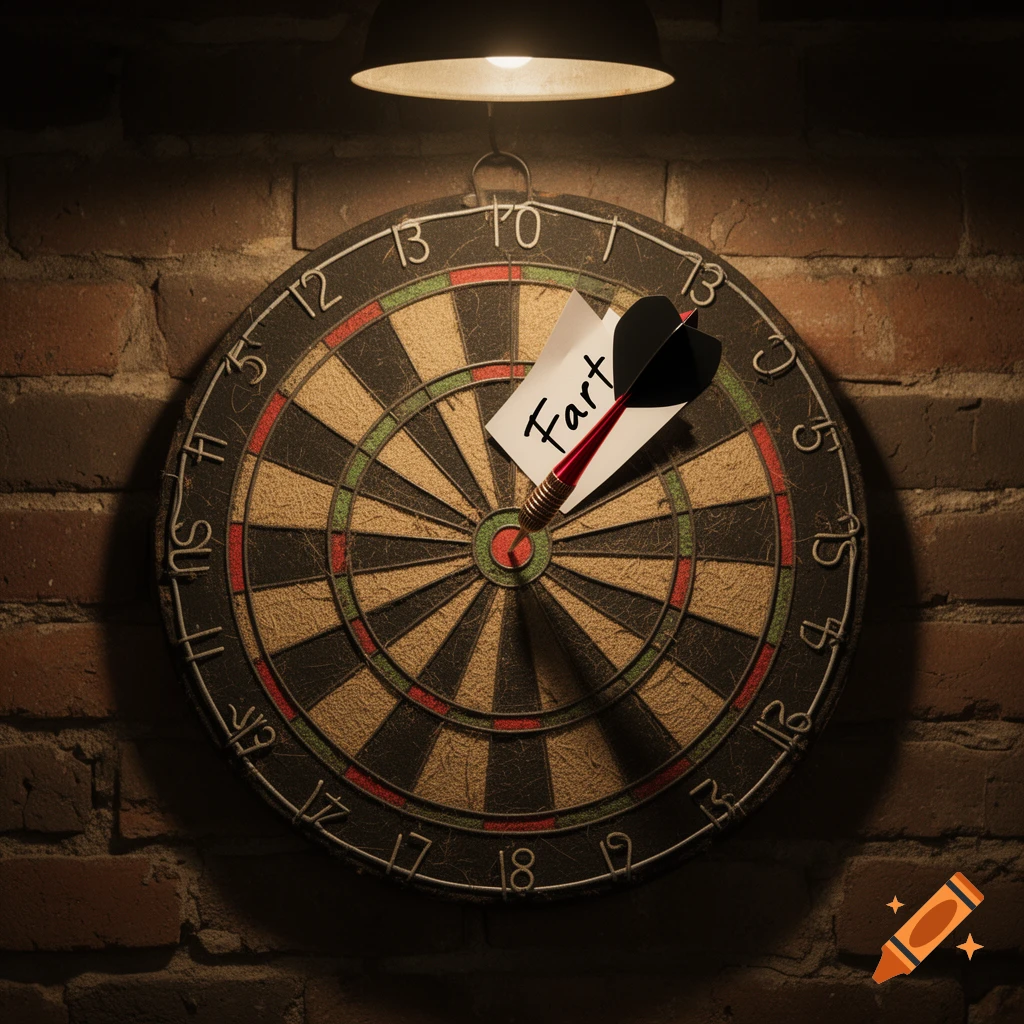 A dartboard with a dart in the bullseye and a paper saying 'Fart' on a brick wall, lit by a lamp.