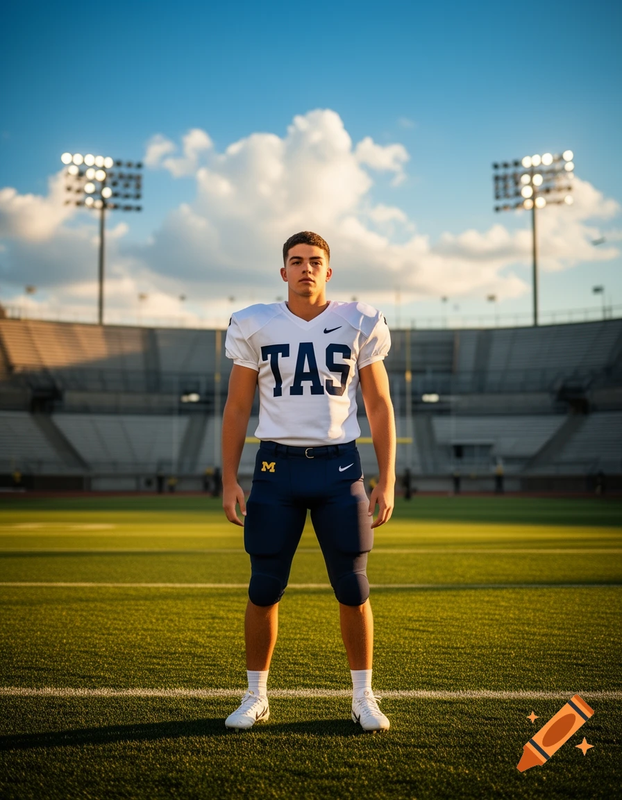 A young man in a white football jersey with 'TAS' and blue shorts with an 'M' logo stands on a football field.