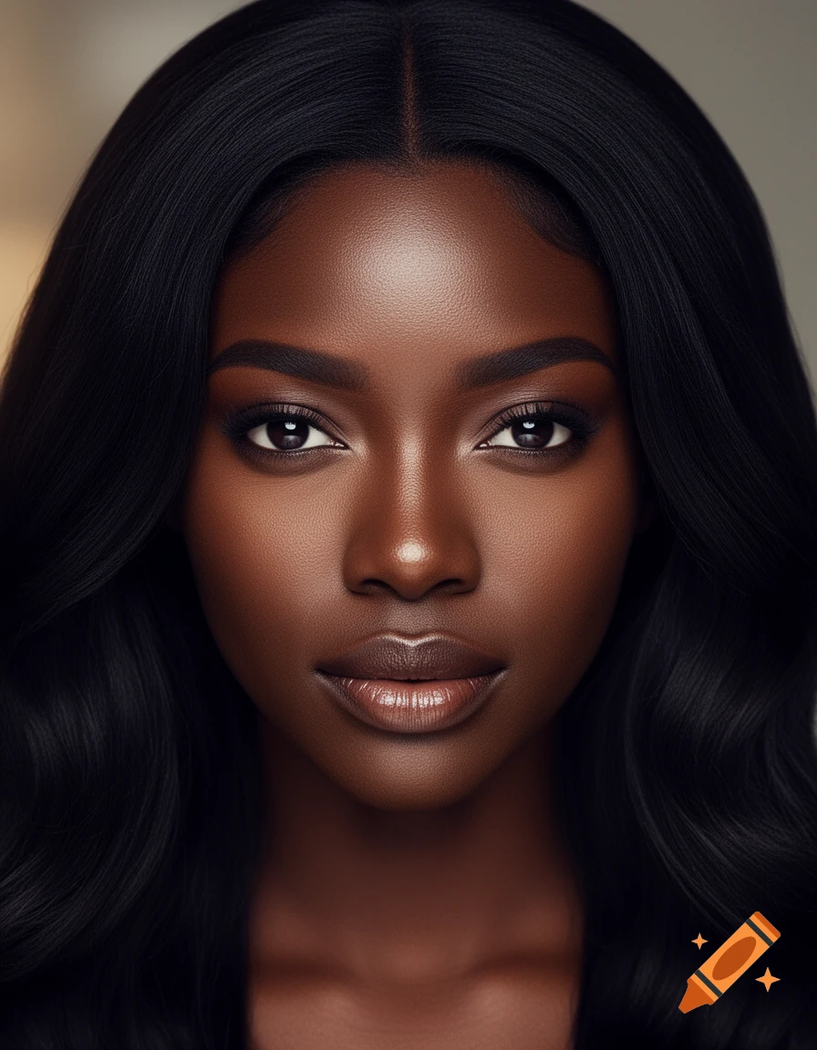 A detailed, photorealistic headshot of a beautiful Black woman with dark, flowing hair.