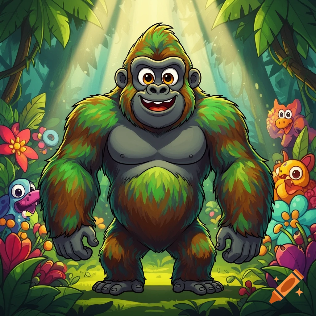 A friendly cartoon gorilla with green and brown fur stands in a vibrant jungle with exotic flowers and leaves.
