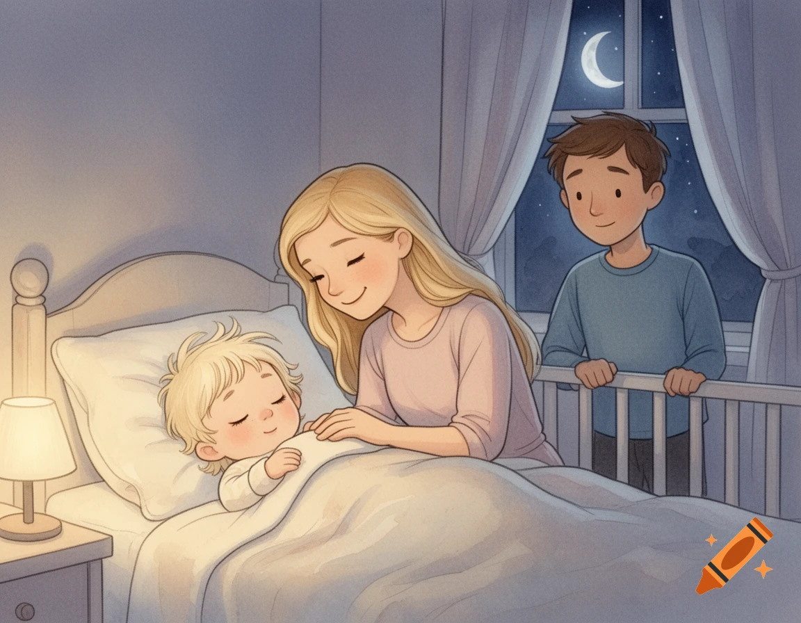 A mother gently tucks her baby into bed while the father watches by the window with a crescent moon in a children's book illustration style.