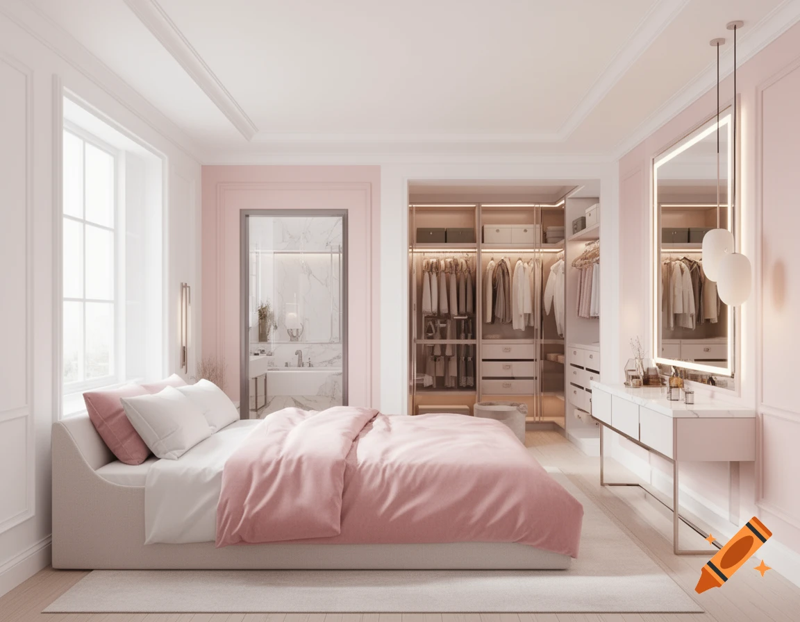 Modern bedroom with pink and white bedding, large window, open walk-in closet, vanity, and a bathroom entrance.