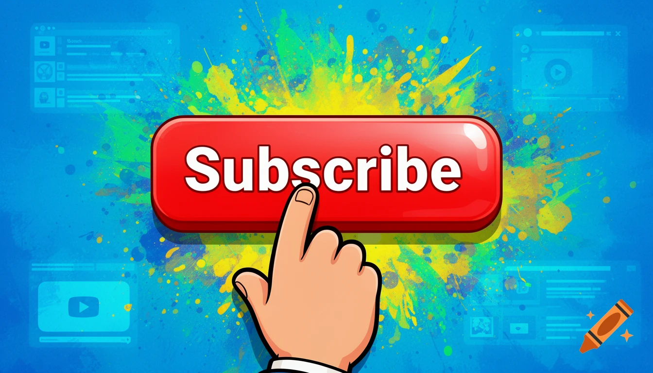 Cartoon hand clicking a red 'Subscribe' button with a vibrant blue and yellow paint splatter background and subtle UI elements.