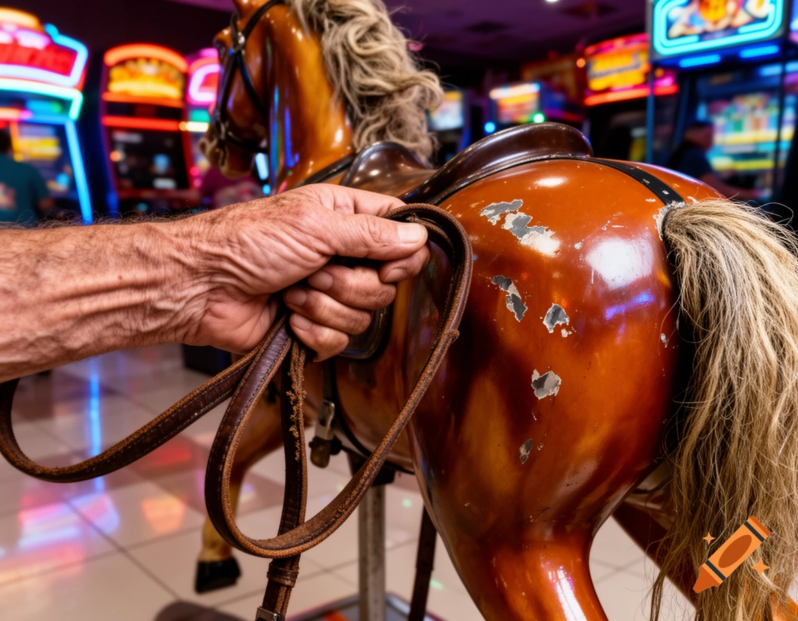 A person's hand holds the reins of a worn coin-operated horse in a vibrant arcade setting.