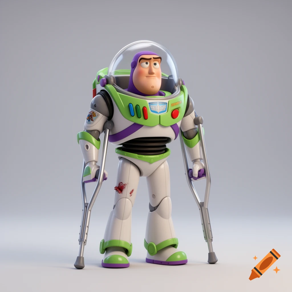 A 3D Pixar-style illustration of Buzz Lightyear, injured and leaning on silver crutches, against a studio background.