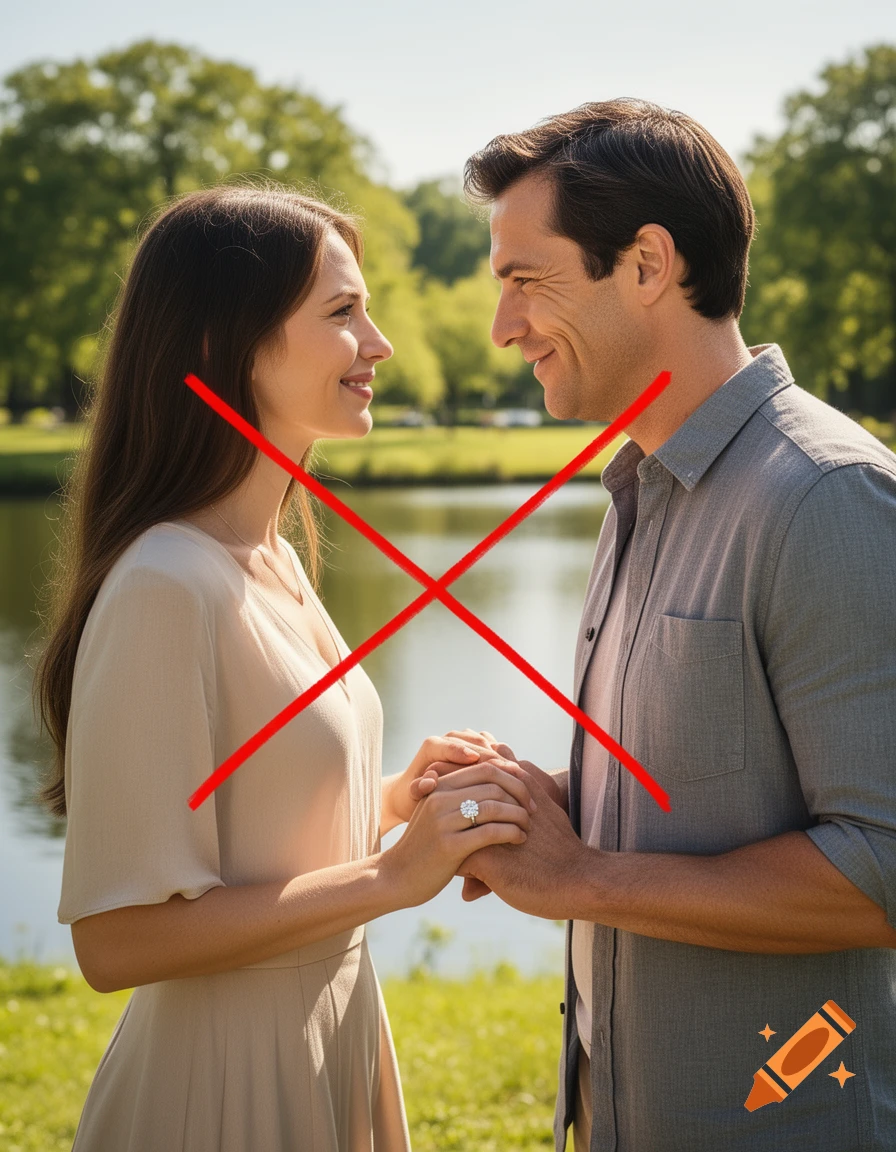 Photorealistic image of a man and woman holding hands by a lake, an engagement ring on her finger, with a large red X.