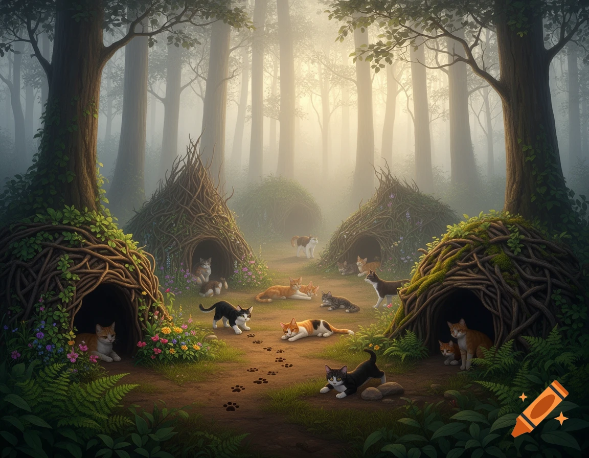 Many cats gather around woven branch dens in a mystical, foggy forest with sun shining through trees and paw prints on a dirt path.