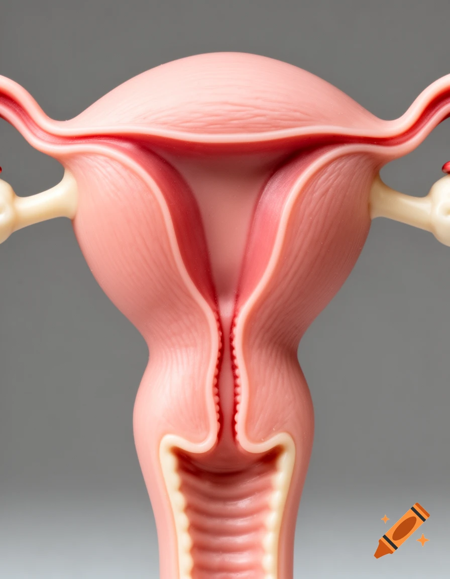 Close-up photorealistic anatomical model of a human uterus, fallopian tubes, and ovaries on a grey background.