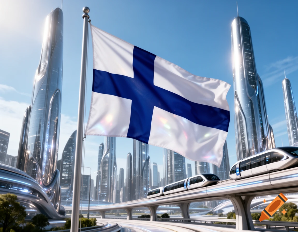 Finnish flag waving in a bright, futuristic city with sleek skyscrapers, elevated tracks, and modern trains.