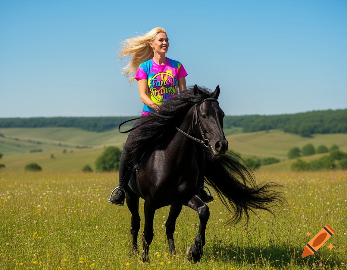A blonde woman in a colorful tie-dye shirt rides a black horse through a sunny, wildflower-filled meadow with hills in the background.