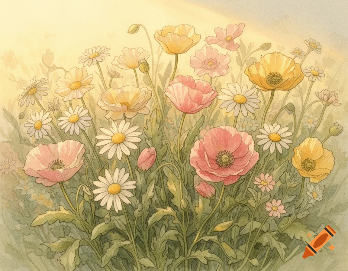 Watercolor illustration of pink poppies and white daisies in a sunlit field, rendered in a soft, whimsical style.