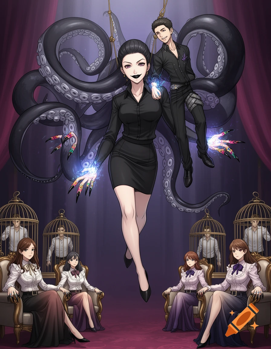 A dark anime-style image of a powerful woman with octopus tentacles, levitating and holding a man, while other women sit below with men in cages.
