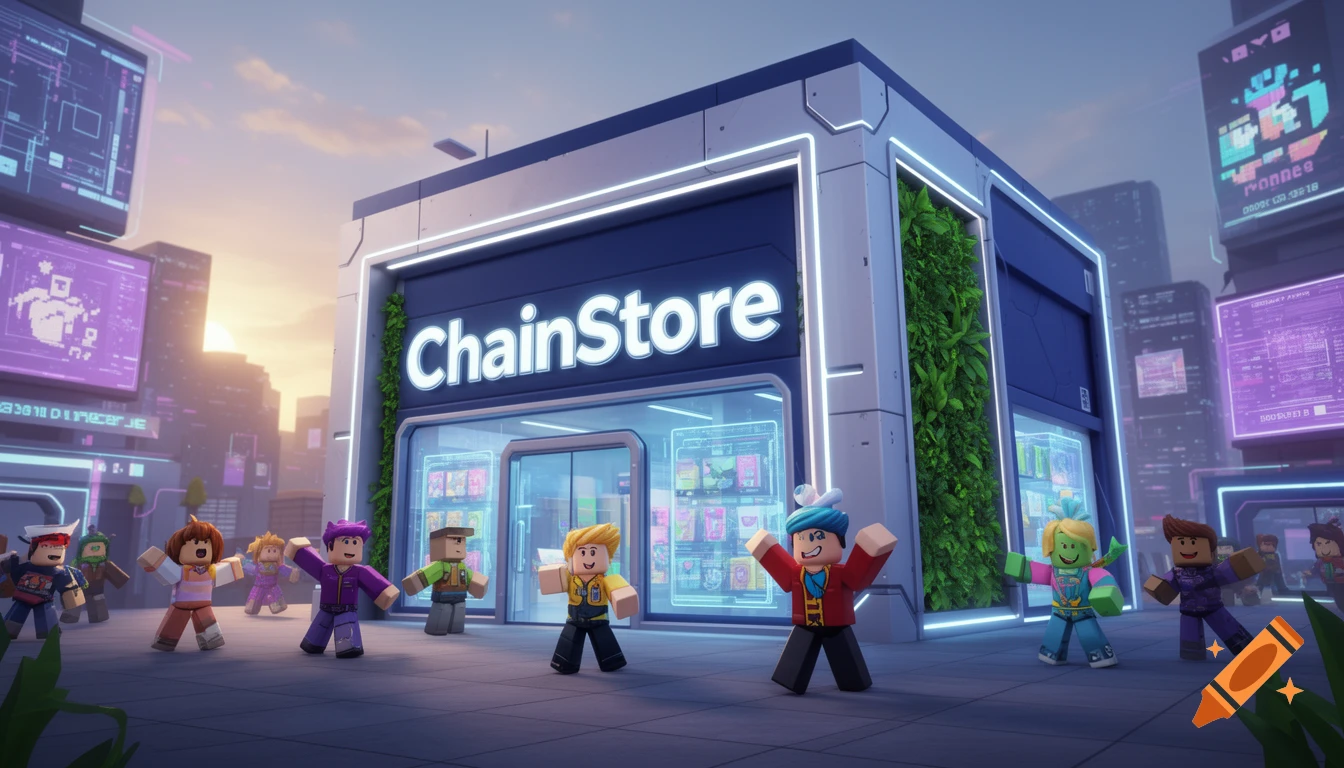 Roblox-style blocky characters gathered in front of a futuristic 'ChainStore' building at sunset.