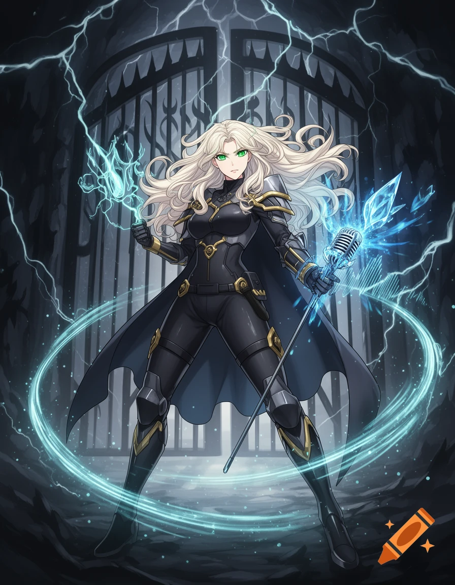 Anime female S-Rank Hunter in a dark suit with gold accents, holding a glowing crystal microphone and mana energy against a lightning-filled dungeon gate.