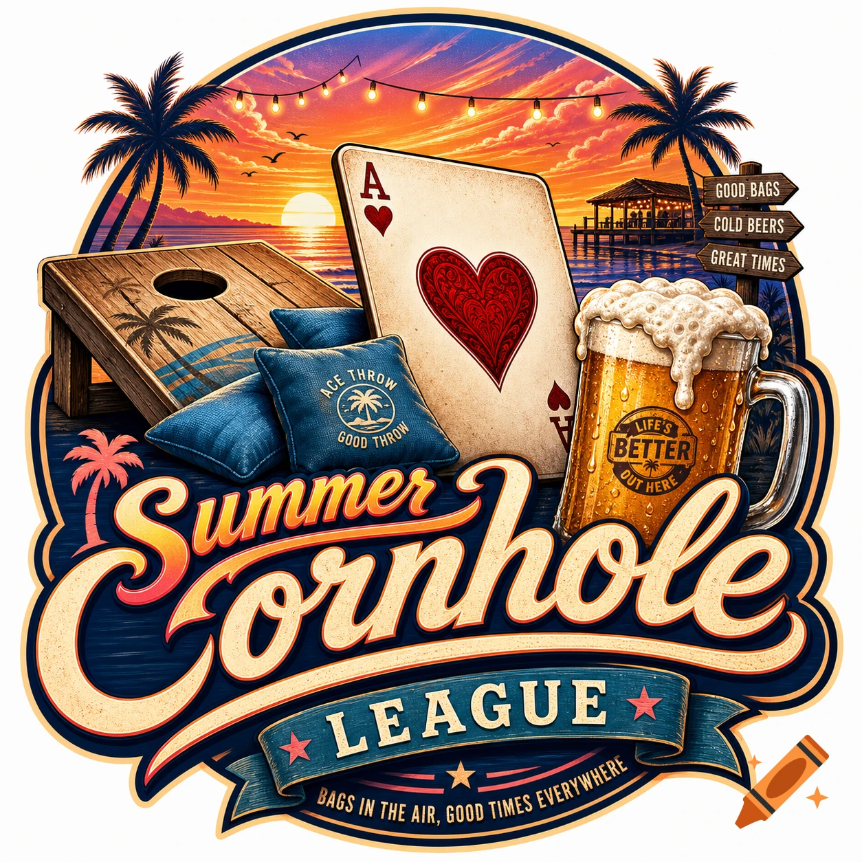 Vibrant logo for Summer Cornhole League with a cornhole board, beer mug, playing card, palm trees, and sunset.