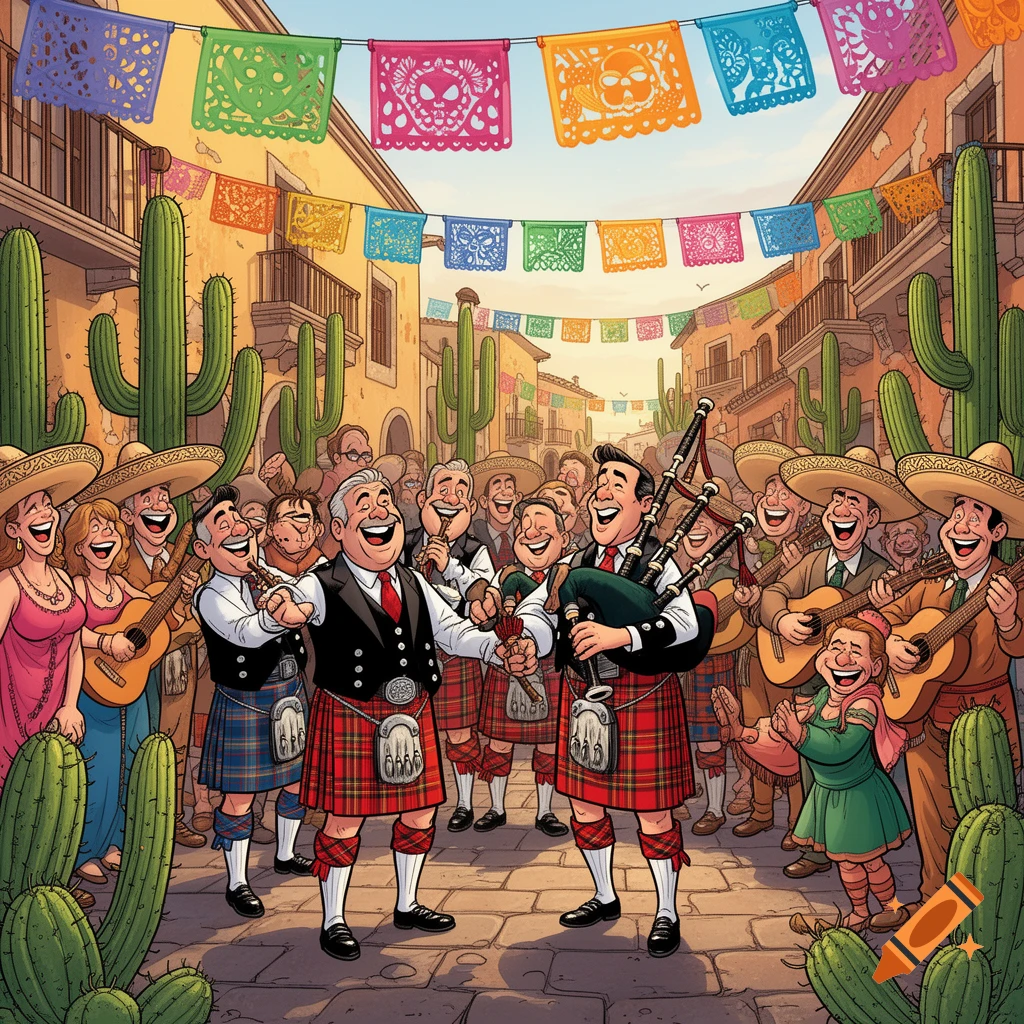 Scottish men in kilts play bagpipes with mariachi musicians and cheering locals in a vibrant Mexican street festival. Comic illustration.