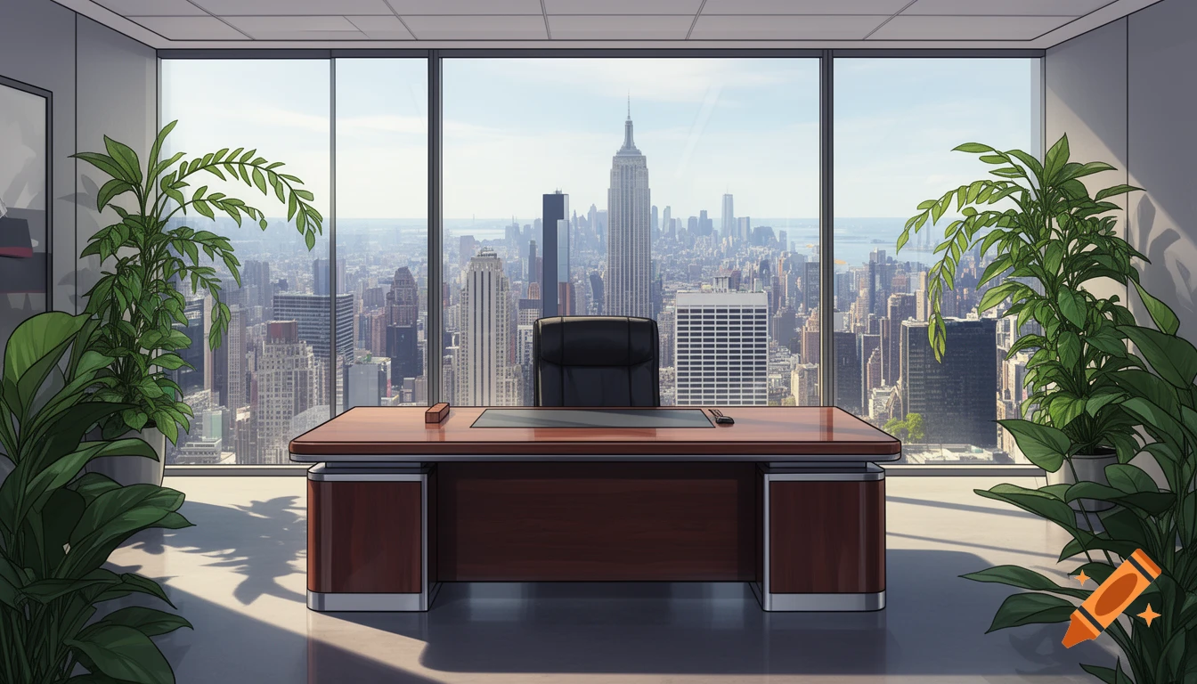 Modern office with a wooden desk, executive chair, and large plants overlooking the New York City skyline, in an illustration style.