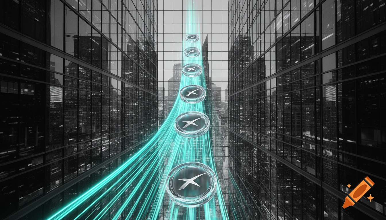 Photorealistic digital art of a neon cyan data stream with SpaceX tokens flowing between tall, black and white glass skyscrapers.