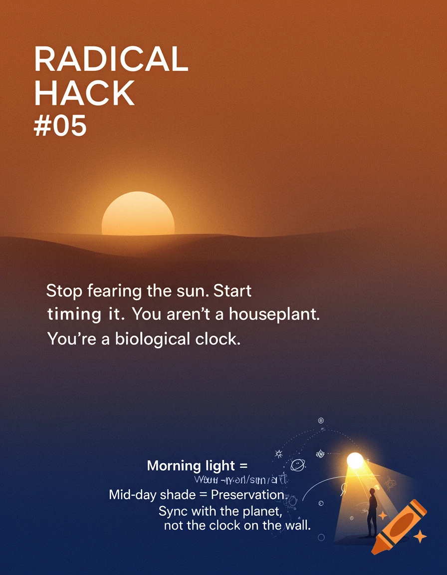 A poster with a burnt orange to midnight blue gradient, featuring a setting sun and a silhouette of a person. Text reads "RADICAL HACK #05" and motivational phrases about aligning with natural light.