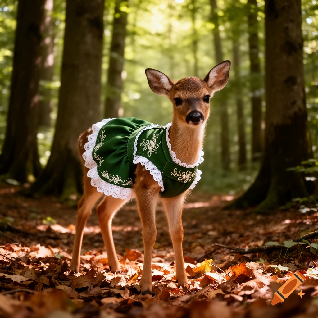 A cute fawn wearing a green dress with white lace trim stands amongst autumn leaves in a sun-dappled forest.