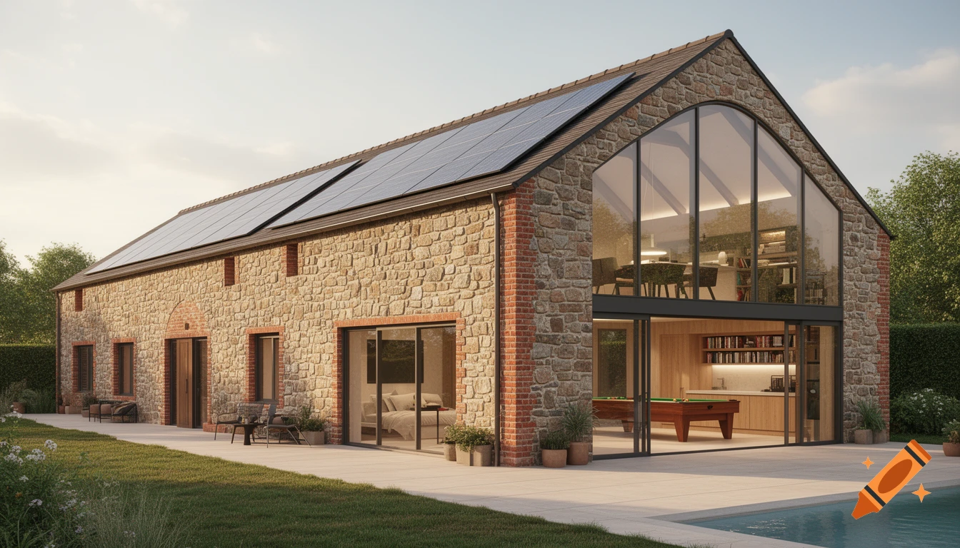 Photorealistic architectural visualization of a modern renovated stone and brick barn house with solar panels, large glass windows, and an outdoor pool.