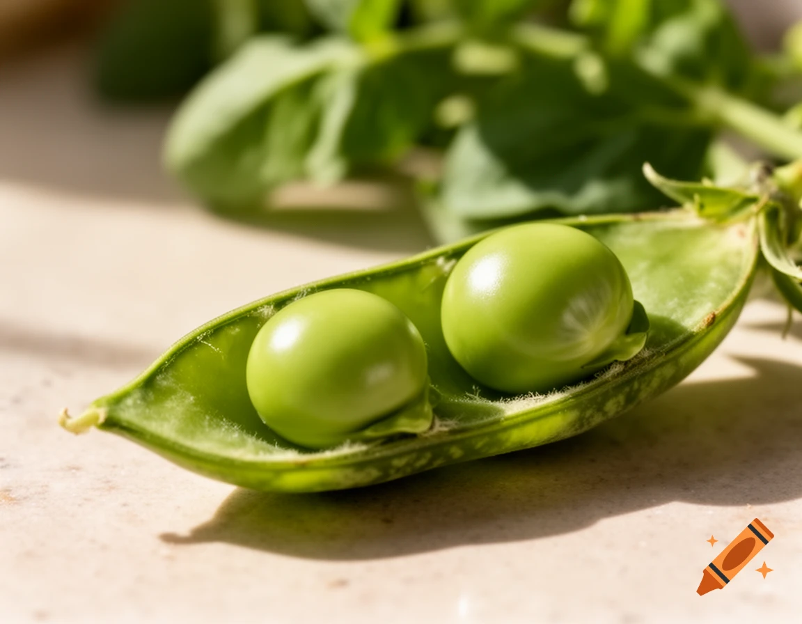 Two bright green peas rest inside an open pea pod on a light surface, with green leaves in a blurred background. Photorealistic close-up.