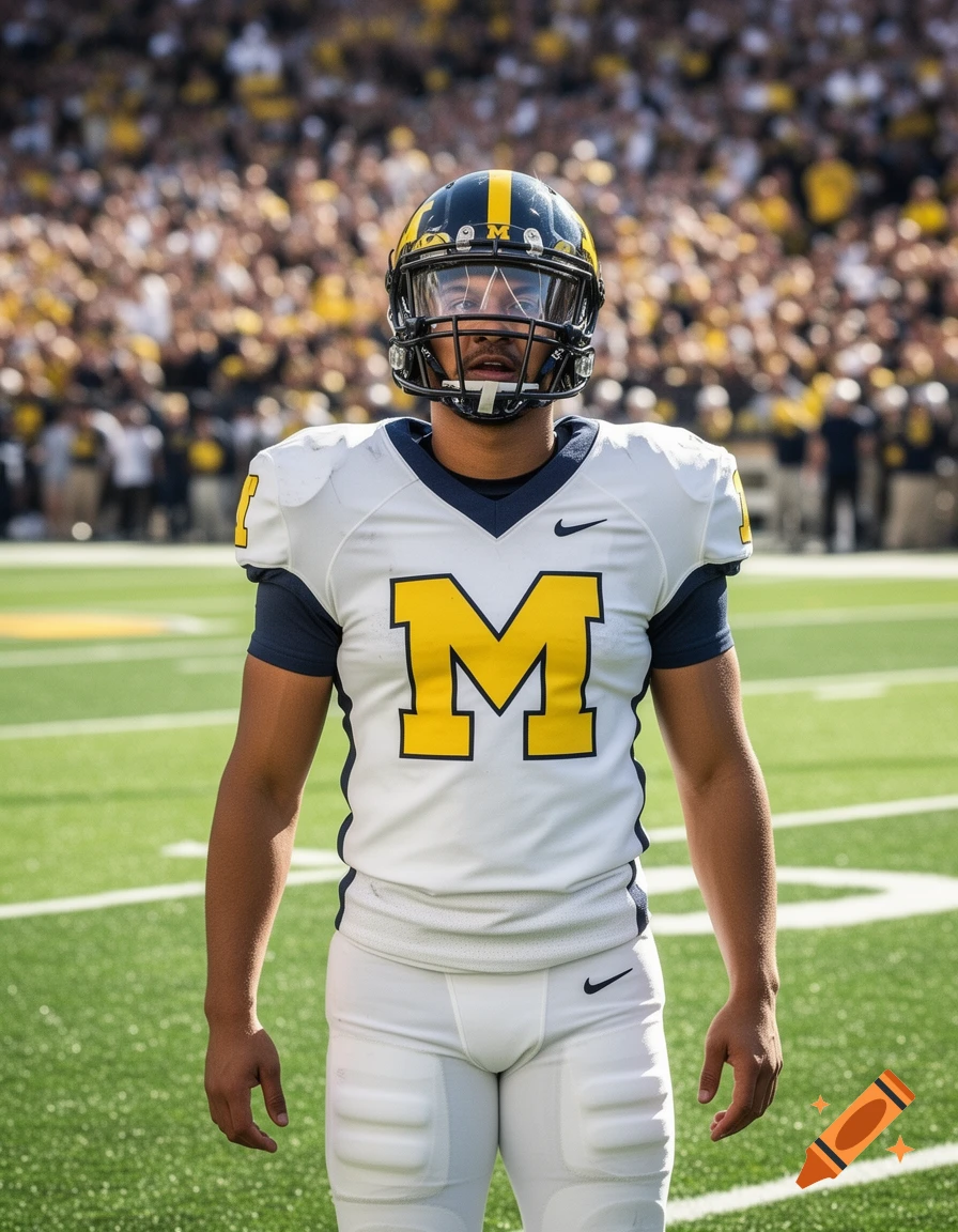 A football player in a white Michigan jersey with a yellow 'M' stands on a green field in a stadium.
