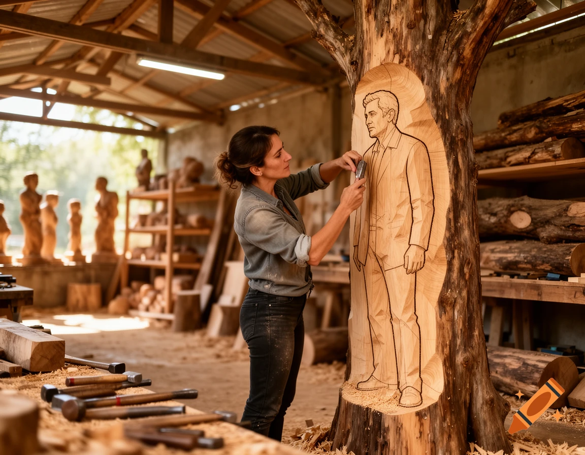 A woman sculpts a male silhouette into a large tree trunk with carving tools in a sunlit wooden workshop, photorealistic.