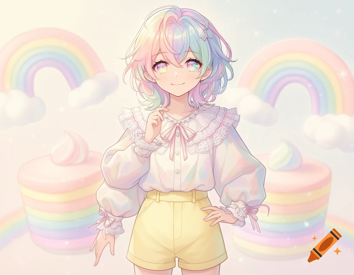 A cute anime character with pastel rainbow hair, white frilly shirt, and yellow shorts stands in front of rainbows and crepe cakes.