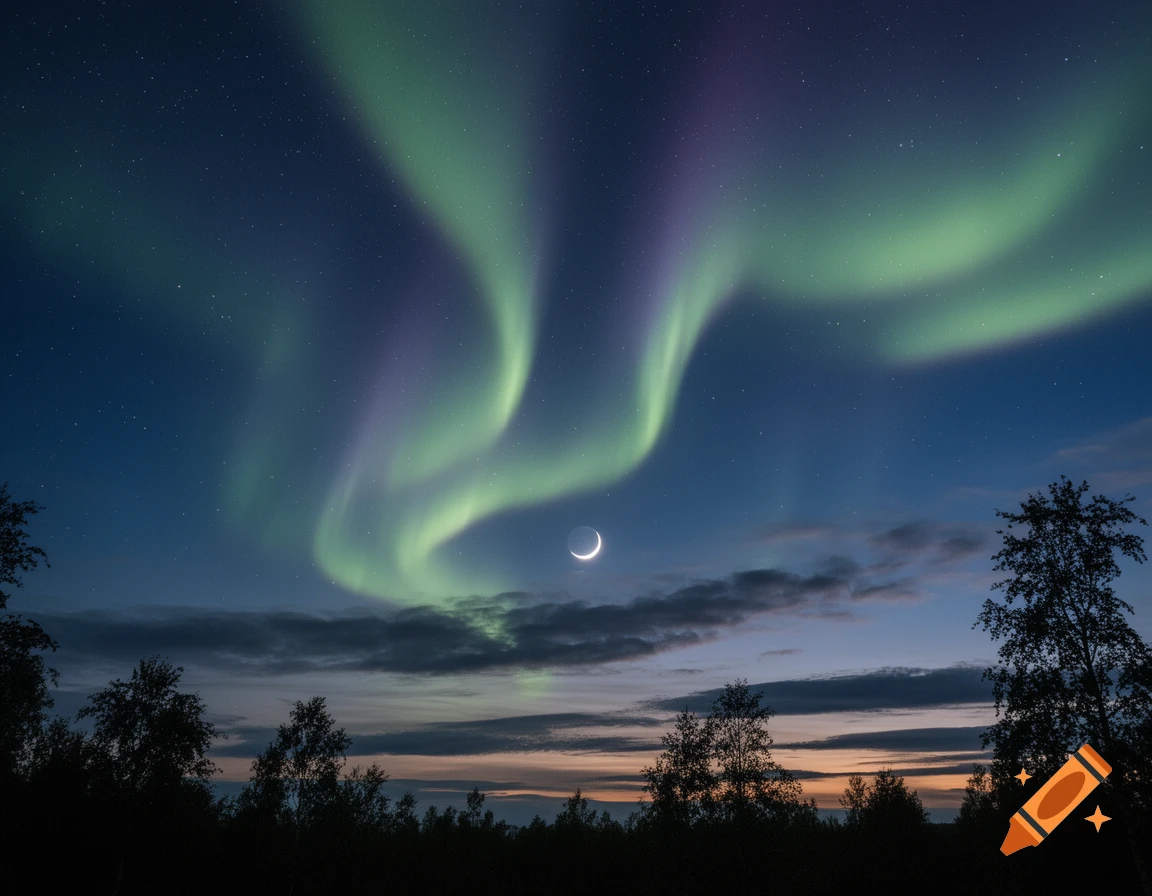 Green and purple aurora borealis lights illuminate a starry night sky with a crescent moon over dark trees and a faint sunset horizon.