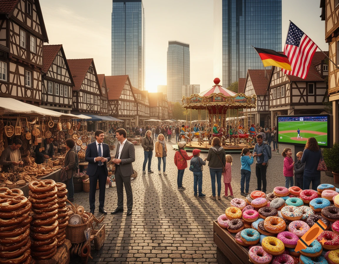 A bustling outdoor market featuring traditional German half-timbered houses, modern skyscrapers, a carousel, and stalls selling pretzels and donuts. German and American flags fly above a screen showing a baseball game, with many people milling about in the warm sunlight.