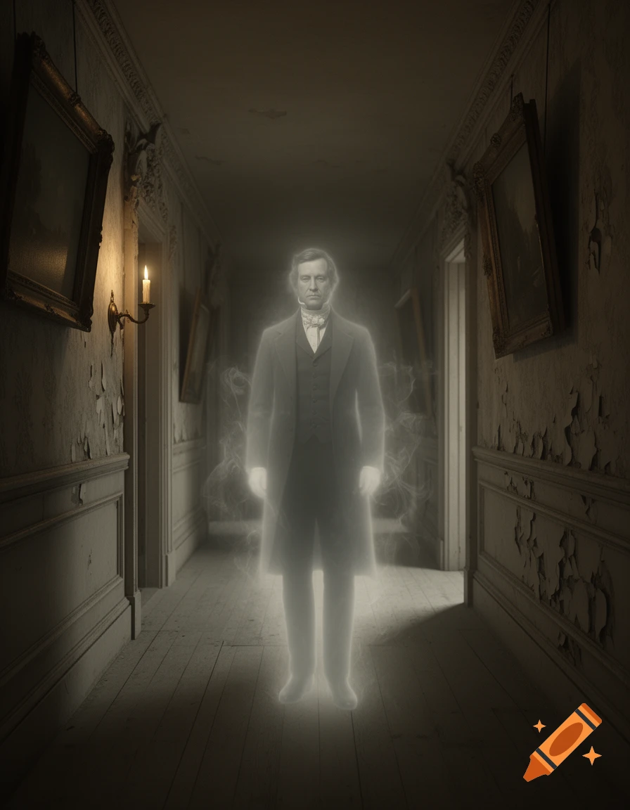 An ethereal ghostly man stands centered in a dark, dilapidated hallway, with peeling walls, old framed art, and a single candle sconce.