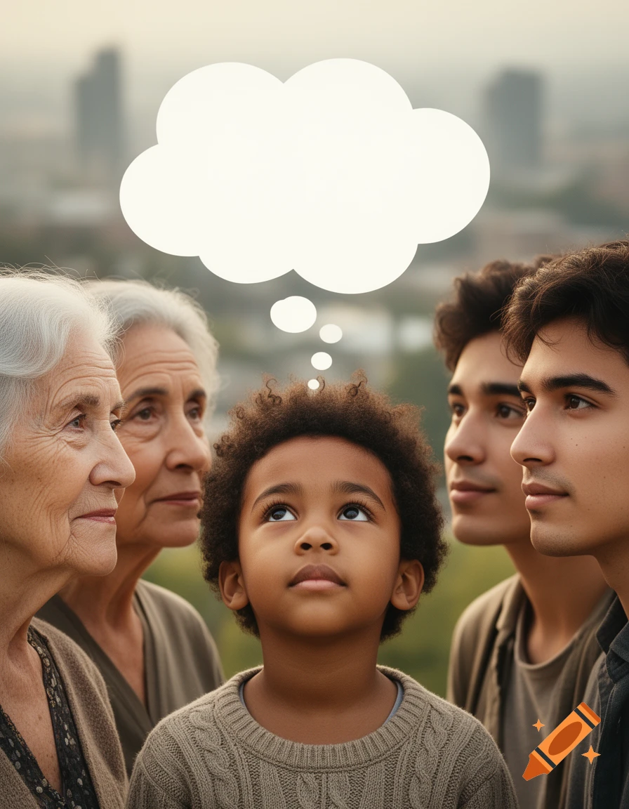 A diverse group of people from different generations, including a young child at the center, gaze upwards at an empty thought bubble.