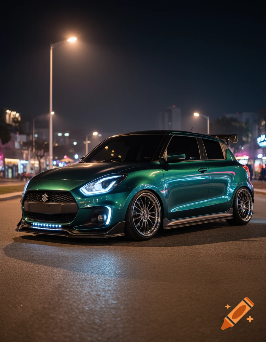 A customized, gleaming green Suzuki Swift car with bright LED lights, parked on a street at night under streetlights.