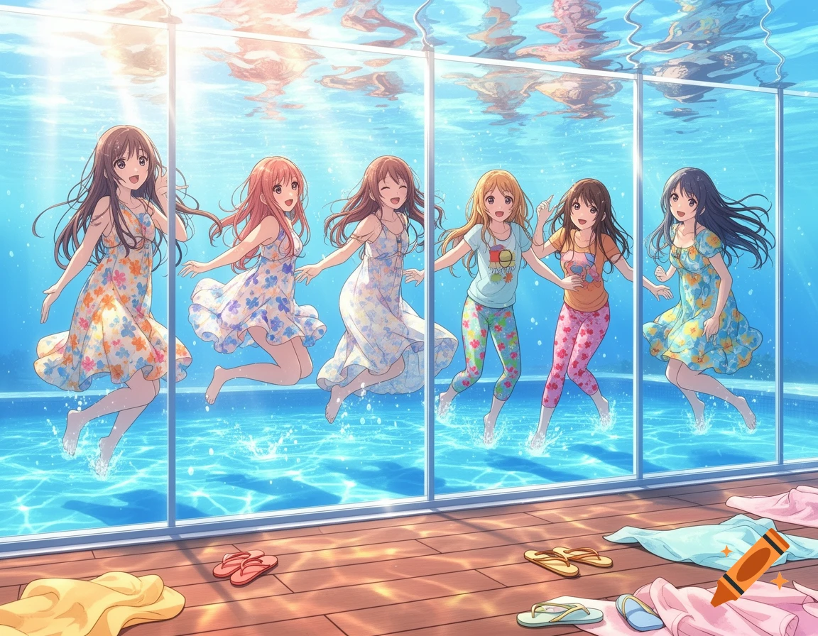 Five anime girls in summer dresses and casual clothes jump playfully in a sunlit swimming pool with a glass wall, seen from above water and through the side.