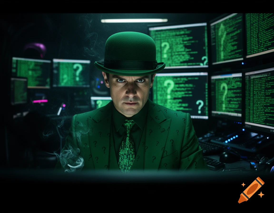 A stern man in a green bowler hat and suit with question marks, sitting in a dark room surrounded by green glowing computer monitors displaying code.