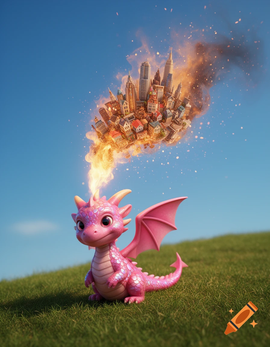 A cute, shiny pink dragon sits on a green grassy hill, breathing fire that erupts into a miniature city in the blue sky.
