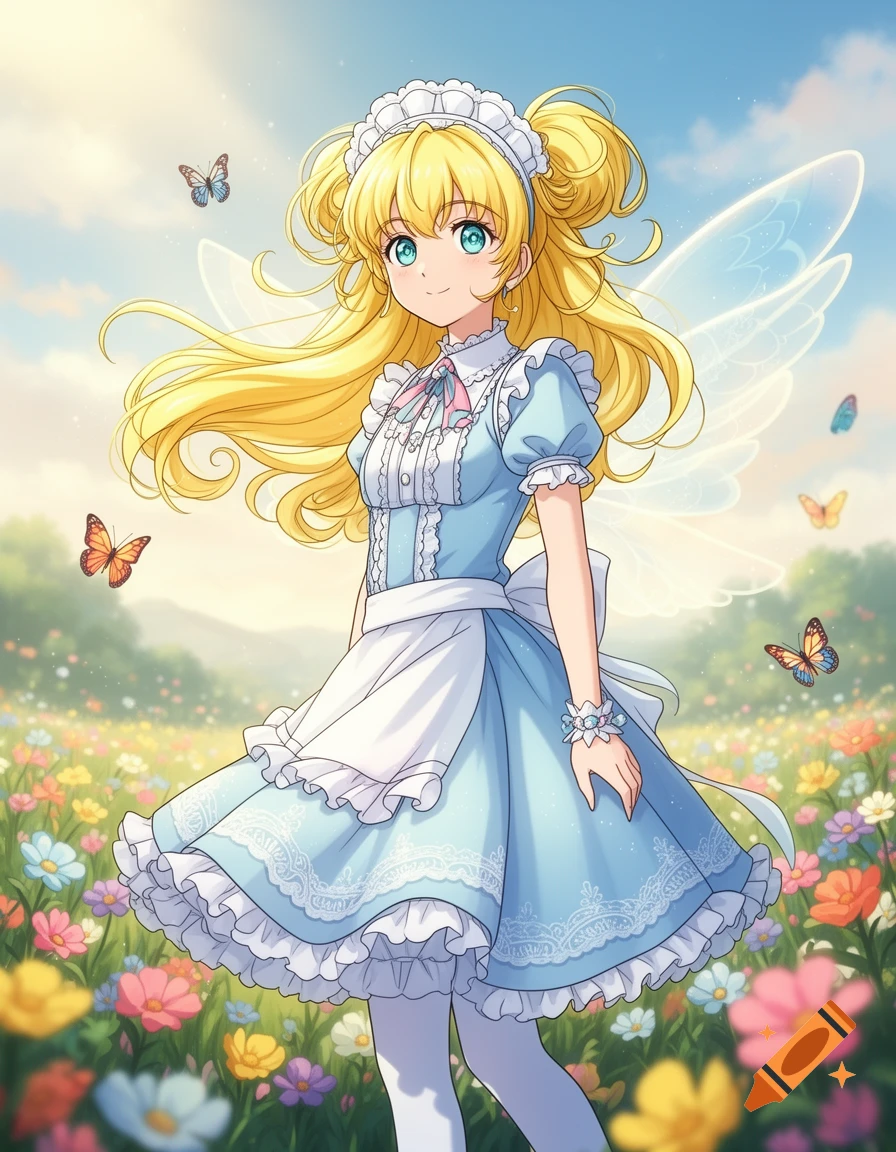 Anime magical girl with long blonde hair, blue maid dress, and fairy wings stands in a sunny flower field with butterflies.